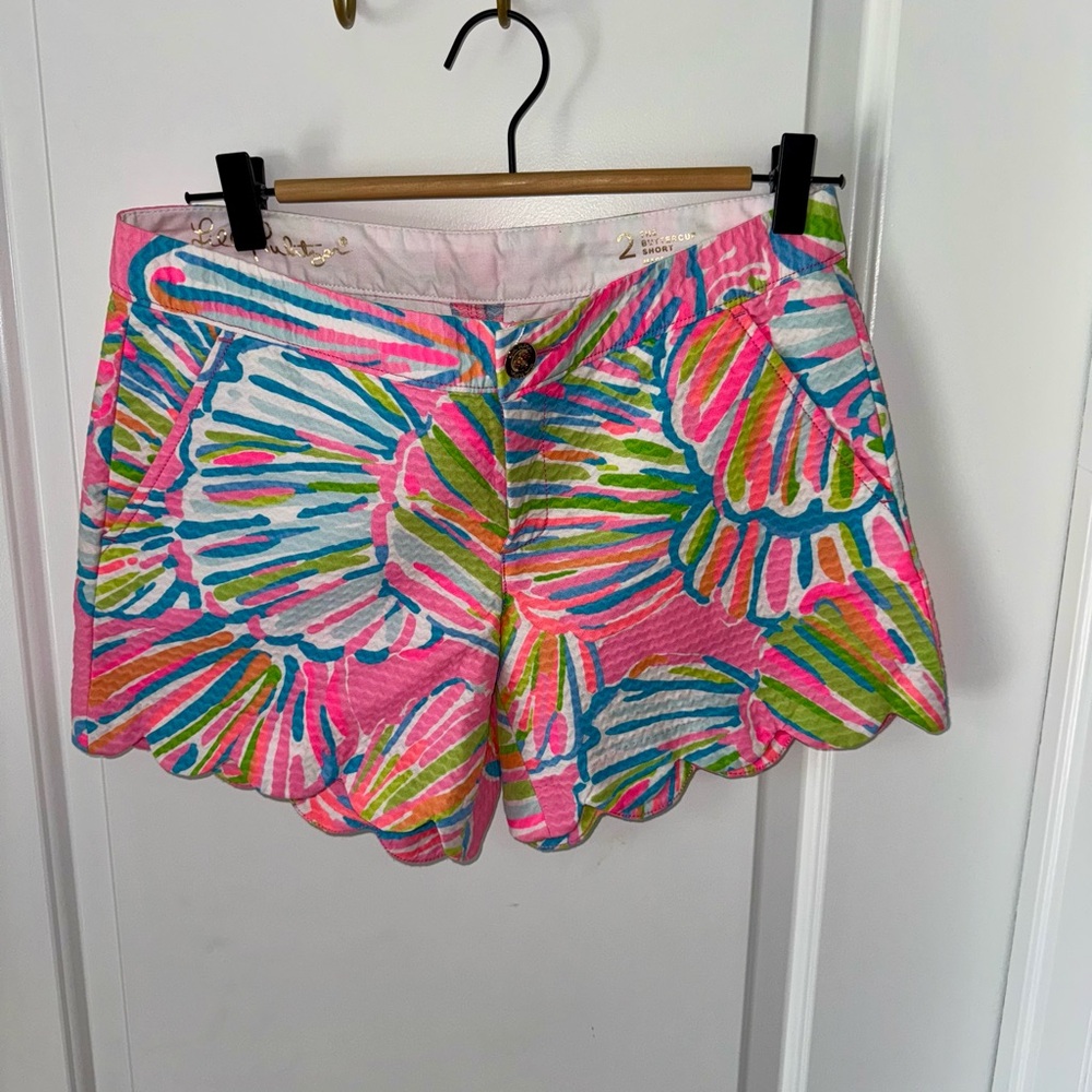 Lilly Pulitzer Pink and Green Bermuda Shorts Vibrant Tropical Style